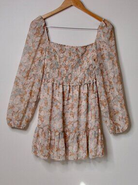 Aritzia Wilfred Tempest Mini Dress Floral Smocked Babydoll Blue Pink Cream Small